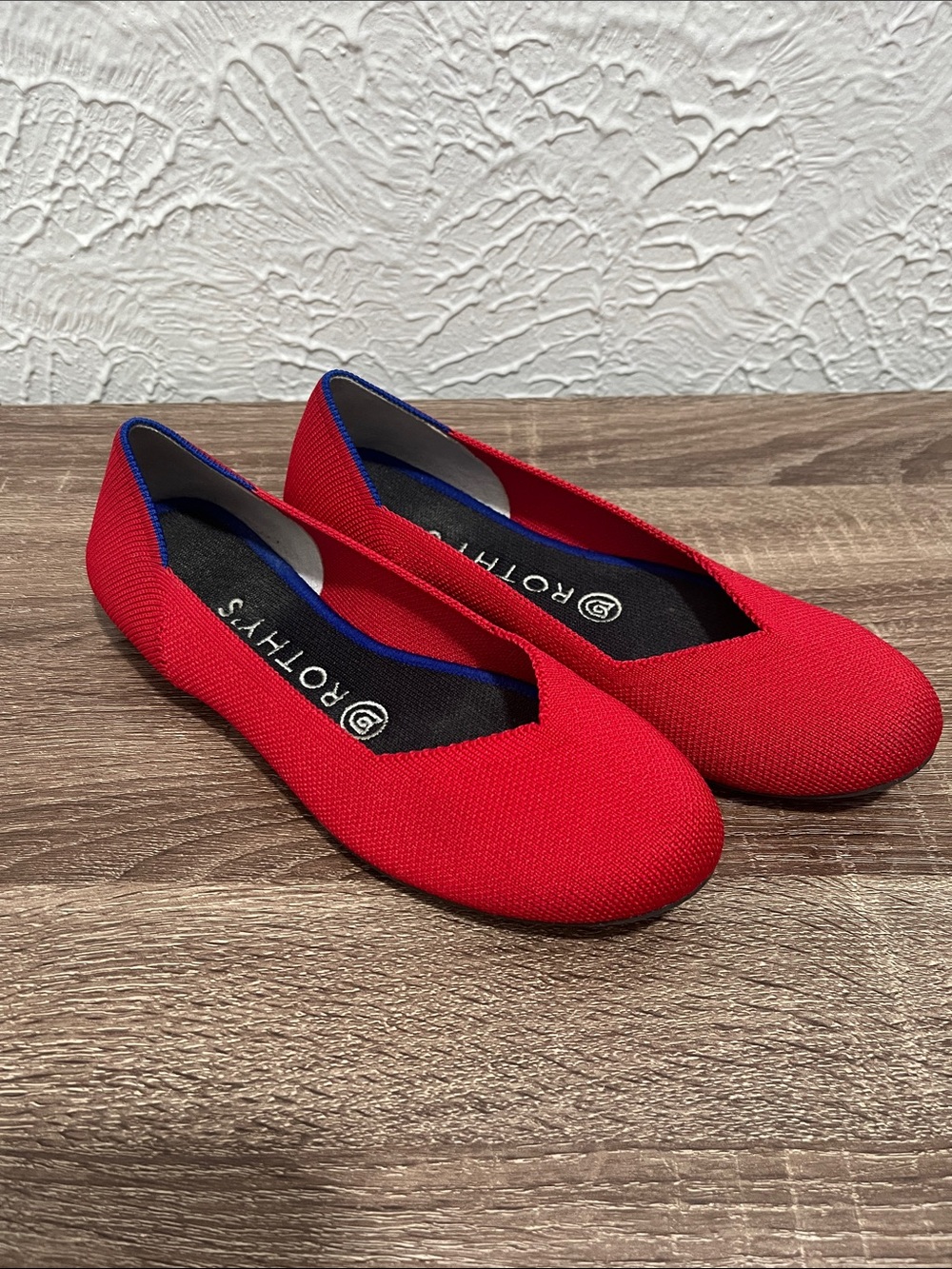 Rothy's Red Knit Slip-On Flats with Blue Trim - Picture 4 of 4